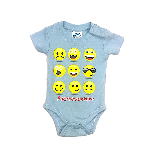 Gaiši zils bodijs ar dzeltenām emoji aplikācijām "JHK"