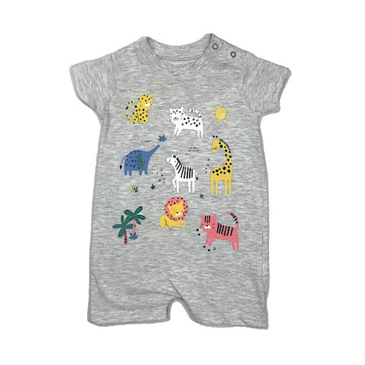 "Peacocks" pelēks romperis ar krāsainām dzīvnieku aplikācijām